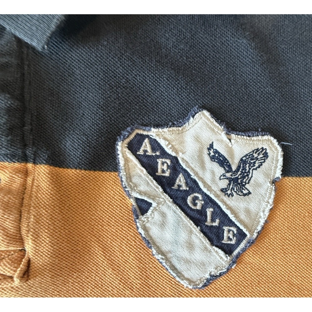 Y2K American Eagle Mens Rugby Striped Polo Shirt Size L Preppy Patch Academia - Picture 9 of 11